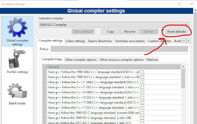 Reset the compiler settings CodeBlocks