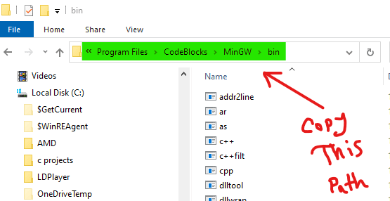 MinGW folder location in file explorer windows 10